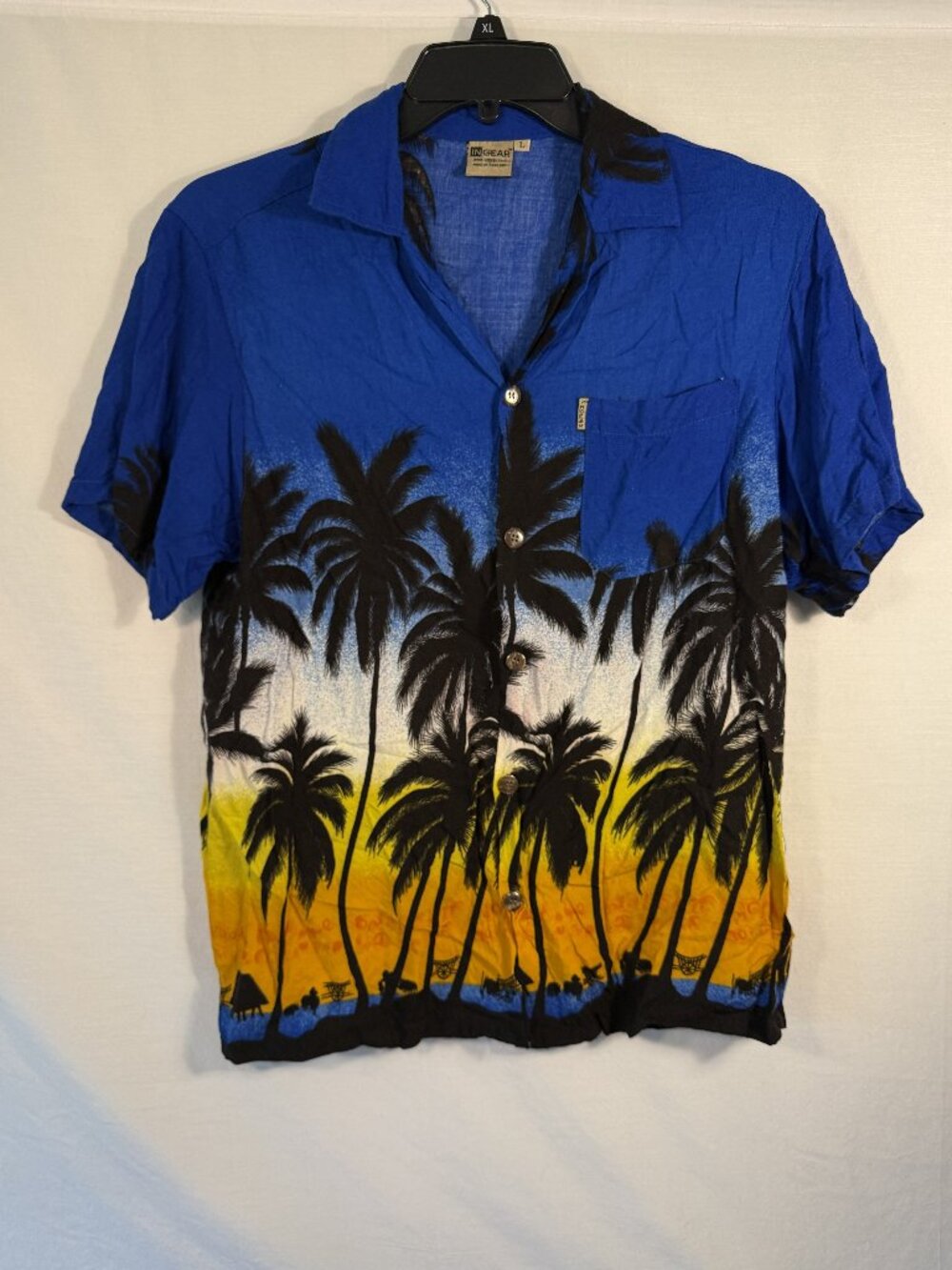 In Gear Men L Blue Yellow Palm Tree Hawaiian Shirt